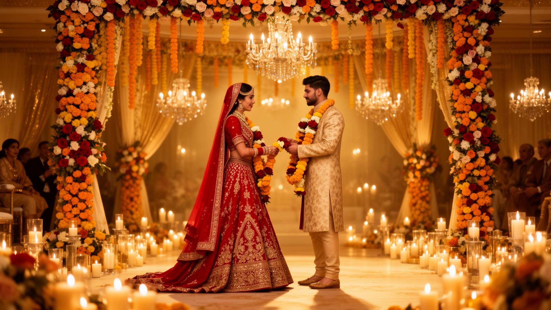 Luxury Indian wedding ceremony with floral mandap